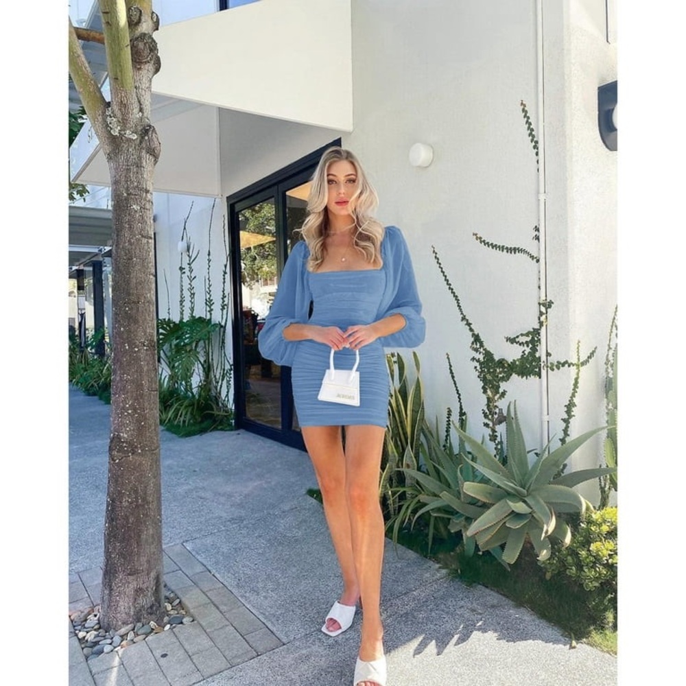 Light Blue Square Neck Long Sleeve Mini Dress - Picture 4 of 5